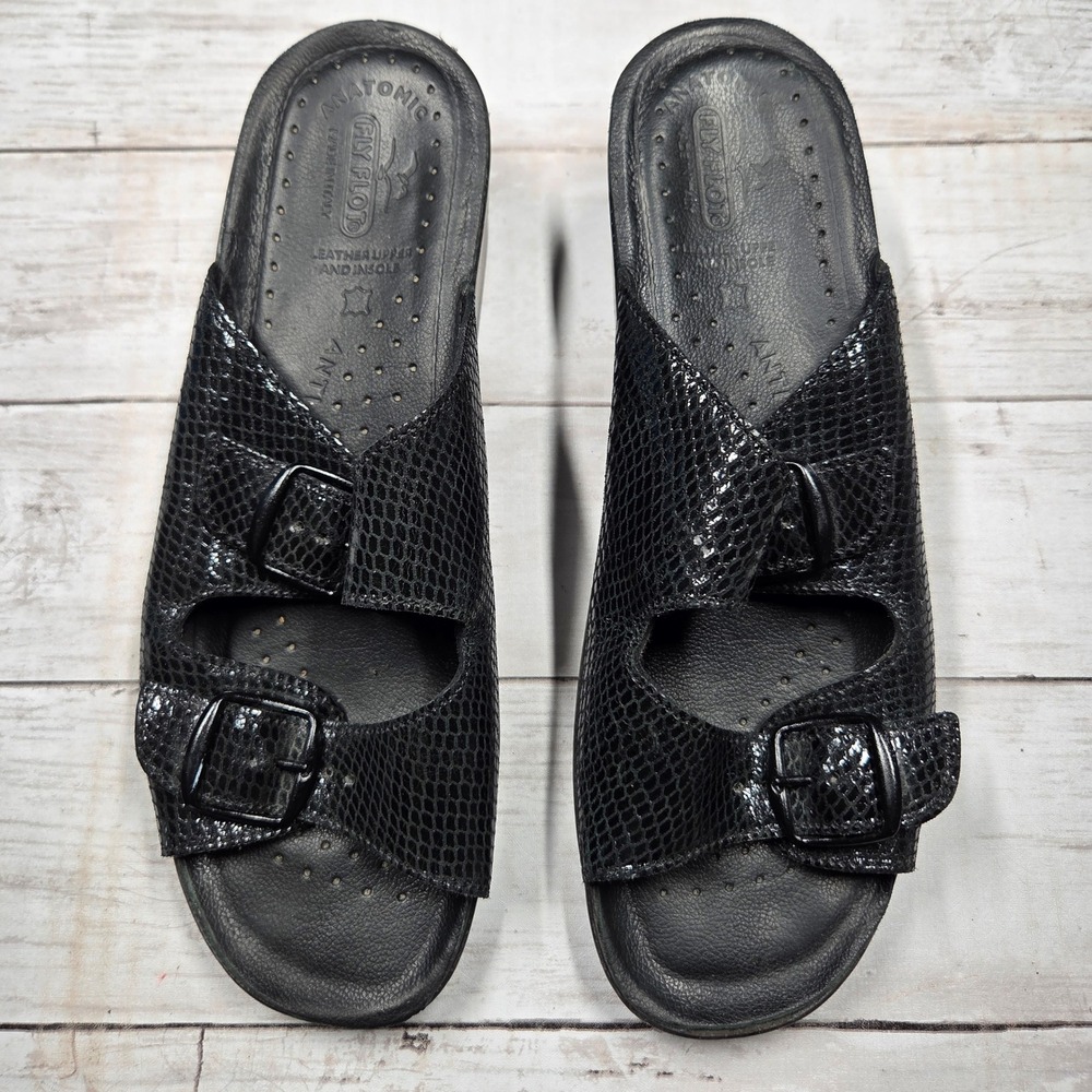 Fly Flot Faux Snakeskin Leather Slide Sandals Wedge Womens 41 Black Italian Made